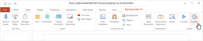 Wstążka iSpring Suite MP4 na SCORM