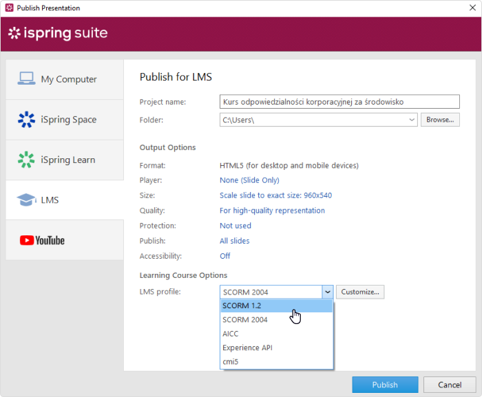 Publikuj dla LMS Publikuj dla LMS w iSpring Suite