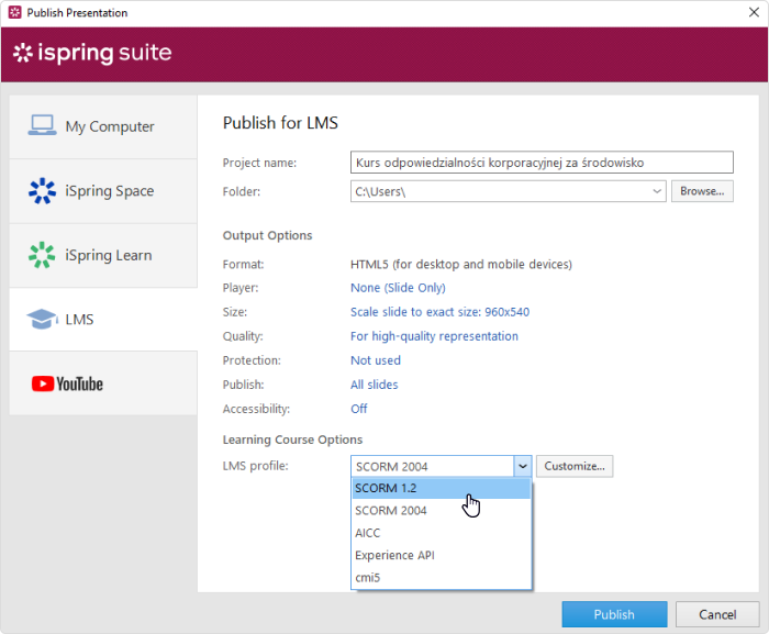 Publikuj dla LMS w iSpring Suite