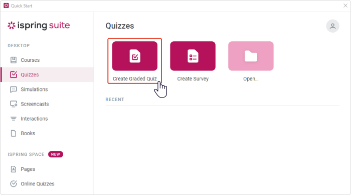 Okno Szybkiego Startu iSpring Suite Max Otwieranie menu Szybkiego startu, aby stworzyć quiz moodle