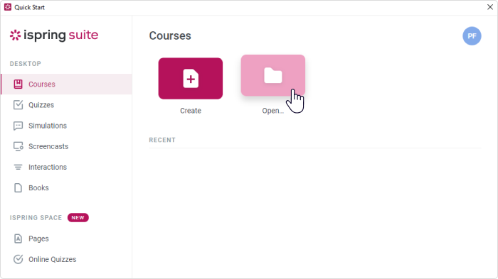 Okno Szybkiego Startu iSpring Suite Max Otwieranie menu Szybkiego startu, aby przekonwertować PPT na SCORM