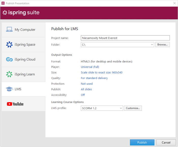 Ustawienia wyjściowe w iSpring Suite Ustawienia wyjściowe dla kursów SCORM w iSpring Suite