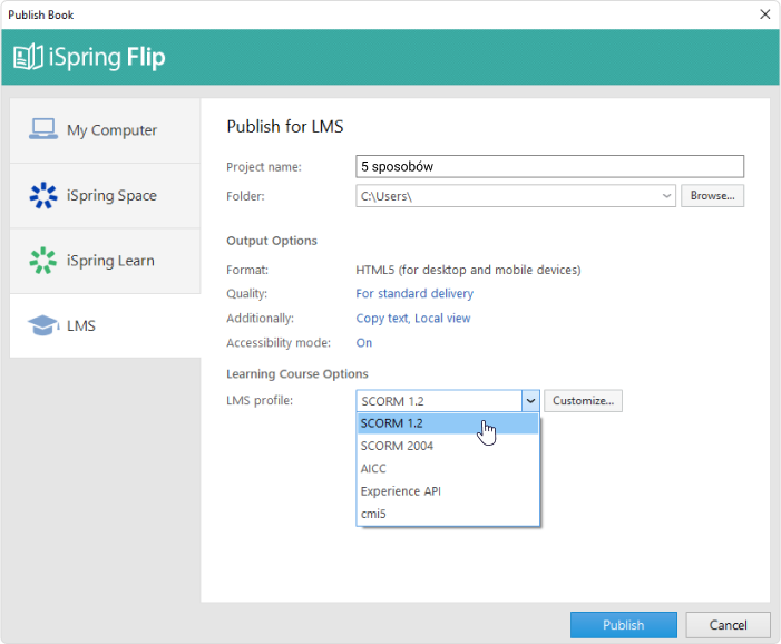 Opcje dostosowywania e-kursu iSpring Suite Max