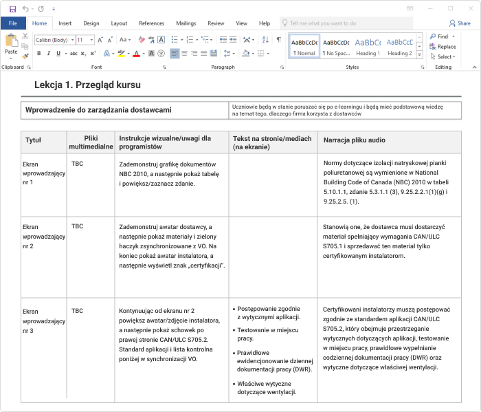 Przykład e-learningowego storyboardu Jak stworzyć kurs online - storyboard w Wordzie