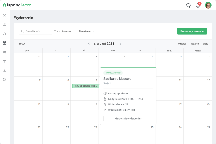 Kalendarz wydarzeń Kalendarz wydarzeń w iSpring Learn LMS: szkolenia zdalne