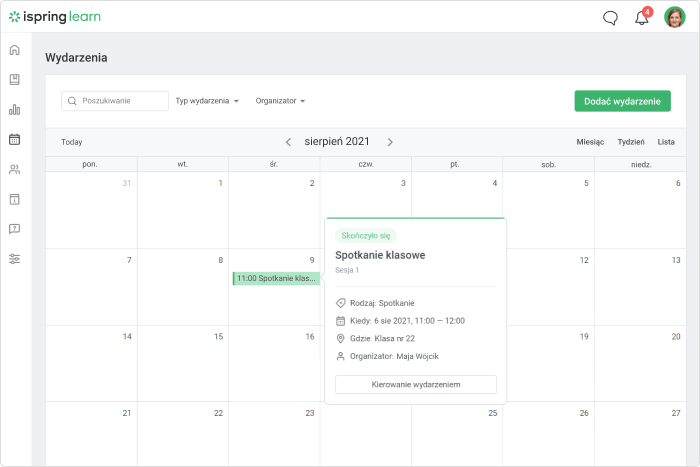 Kalendarz wydarzeń w iSpring Learn LMS: szkolenia zdalne