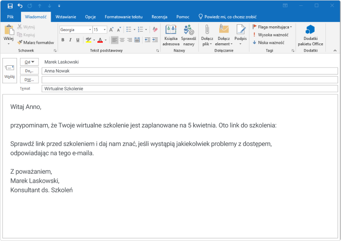 Przykład przypomnienia e-mail Przykładowy e-mail