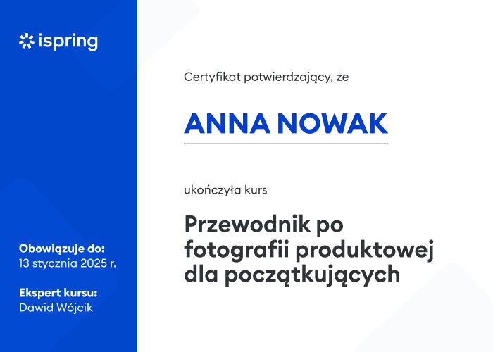 Certyfikat ukończenia kursu Przykładowy certyfikat ukończenia kursu
