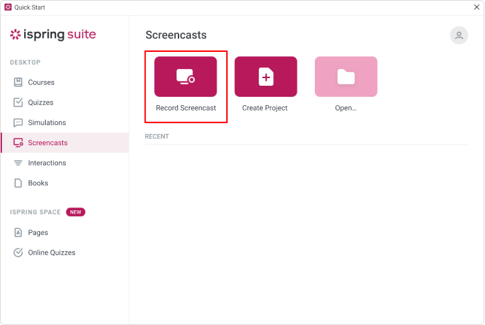 Okno Quick Start Jak nagrać screencast za pomocą iSpring Suite Max