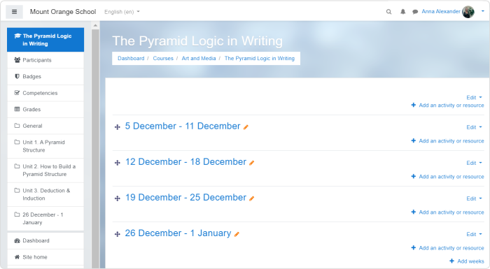 Format tygodniowy Przykład formatu tygodniowego w Moodle