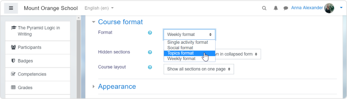 Wybór formatu kursu Wybór formatu kursu z rozwijanej listy