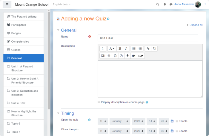 Menu edycji quizu Menu edycji quizu w Moodle