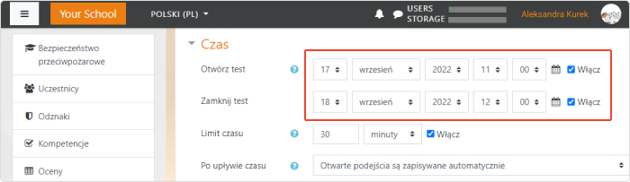 Harmonogram na platformie Moodle™ Zdefiniuj okres oceny w ustawieniach Harmonogramu
