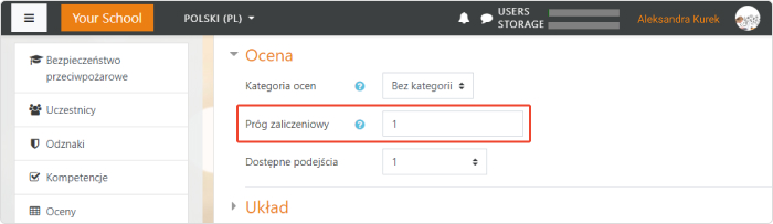 Ocena zaliczająca w quizie na platformie Moodle™ Określ minimalną ocenę zaliczającą