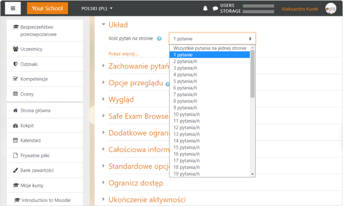 Układ testu na platformie Moodle™ Umieść każde pytanie na nowej stronie lub wszystkie pytania na jednej stronie