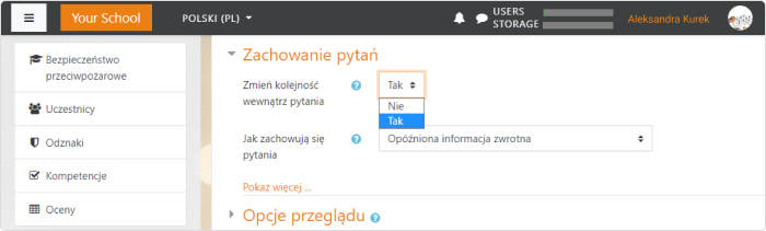 Zachowanie pytań w quizie na Moodle™ Tasuj w pytaniach