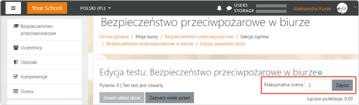 Określ maksymalny wynik Edycja przykładowego testu w Moodle