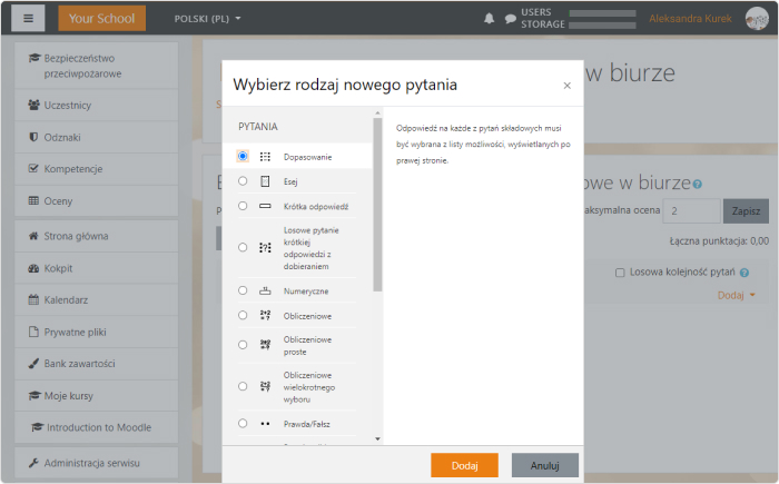 Wybierz rodzaj pytania, aby dodać zadanie Rodzaje pytań w platformie Moodle Cloud