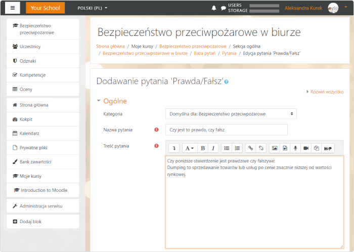 Dodawanie pytania Prawda czy Fałsz w Moodle Dodawanie pytania Prawda czy Fałsz w Moodle