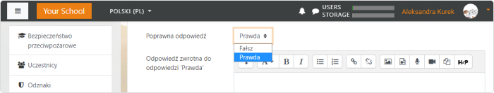 Ustaw prawidłowe odpowiedzi w pytaniu Prawda czy Fałsz w Moodle