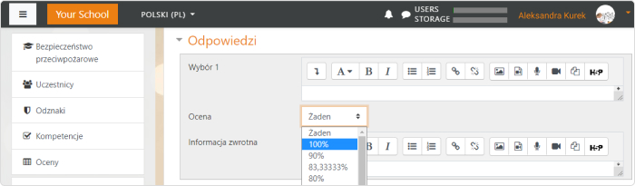 Ustawienia pytania wielokrotnego wyboru na platformie Moodle™ Zdefiniuj ocenę za poprawne odpowiedzi