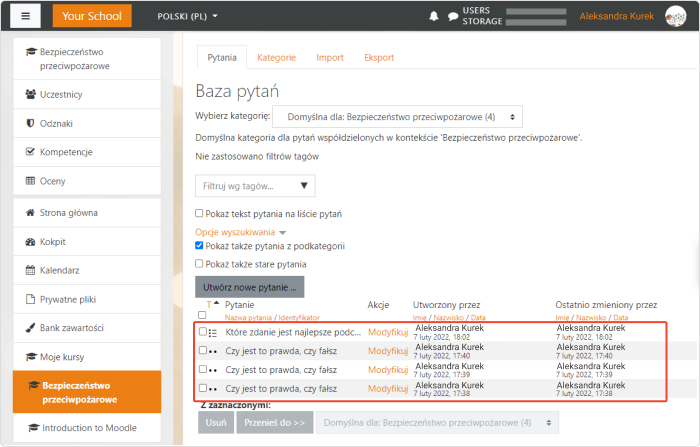 Praca z bazą pytań na platformie Moodle