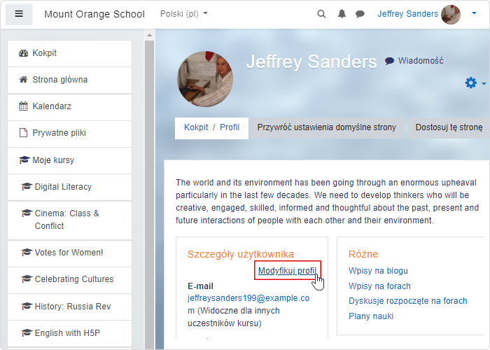 Platforma Moodle - edycja profilu nauczyciela