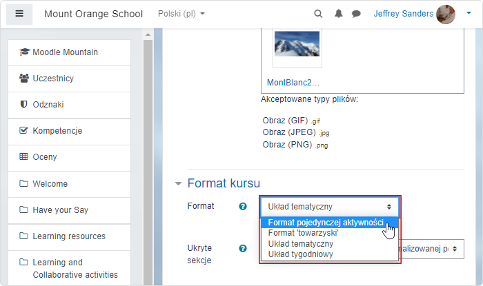 Wybór formatu kursu Wybór formatu kursu z rozwijanej listy