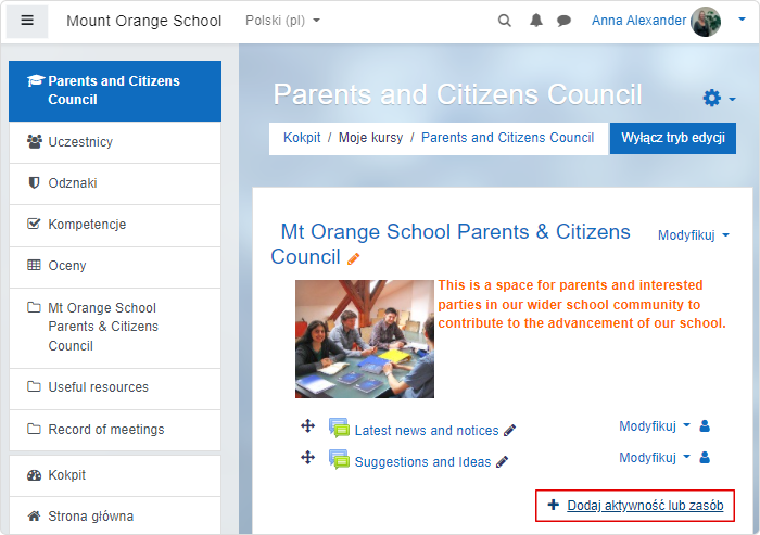 Dodawanie ćwiczenia lub zasobu w Moodle