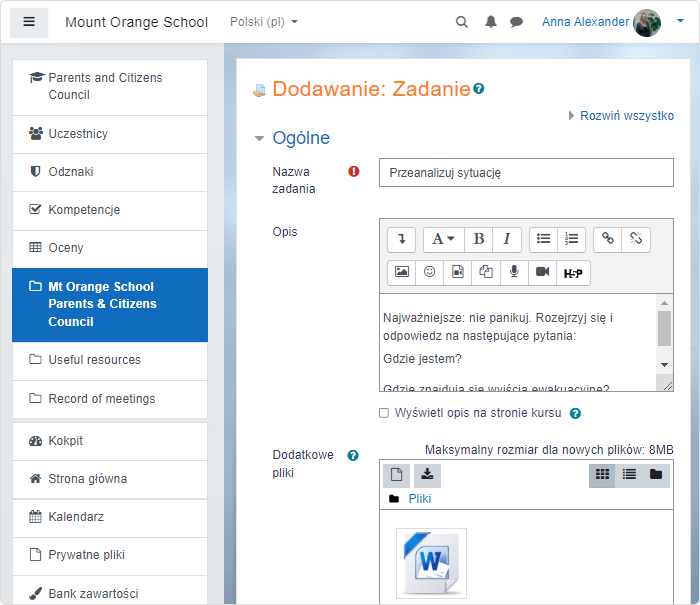 Dodawanie nowego zadania w Moodle