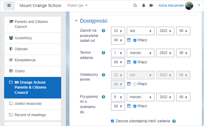 Ustawienia dostępności w Moodle