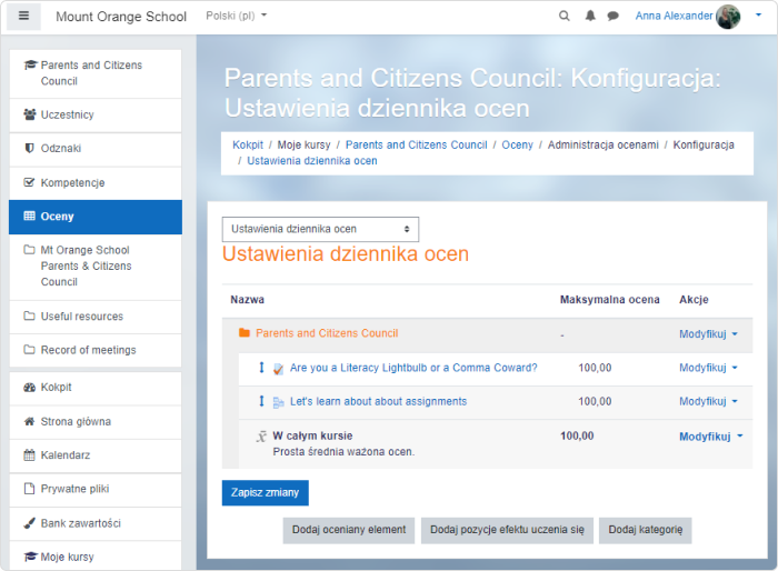 Konfiguracja dziennika z ocenami w Moodle