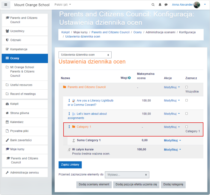 Konfiguracja kategorii dziennika z ocenami w Moodle