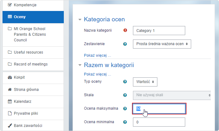 Ustawienie wag kategorii dziennika z ocenami w Moodle