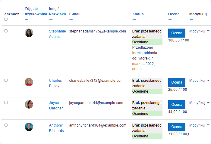 Przegląd prac uczniów w Moodle