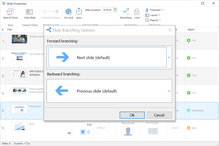 Opcje rozgałęziania slajdów w iSpring Suite