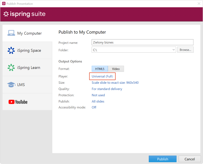 Uniwersalny (Pełny) odtwarzacz Uniwersalny (Pełny) odtwarzacz w iSpring Suite