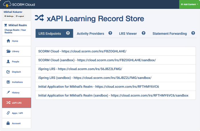 Lista węzłów końcowych SCORM Cloud xAPI LRS SCORM Cloud xAPI LRS