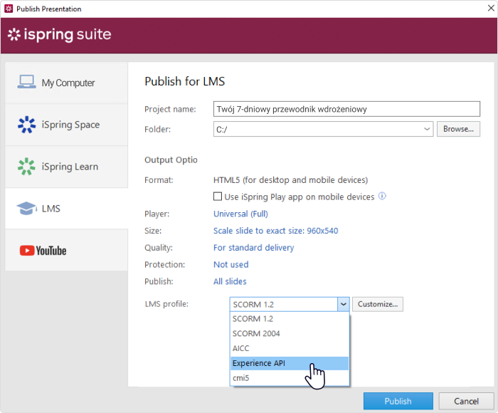 Menu profilu LMS w iSpring Suite