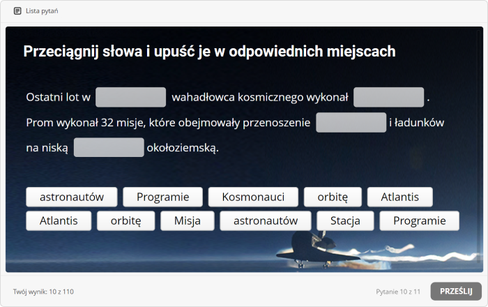 Quiz z przeciąganiem słów w iSpring Suite Pytanie z przeciąganiem słów