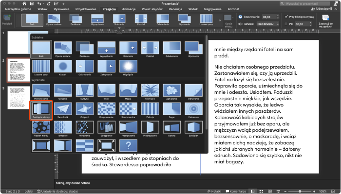 Jak zrobić flipbook w programie PowerPoint - menu przejść dla animowanych scen