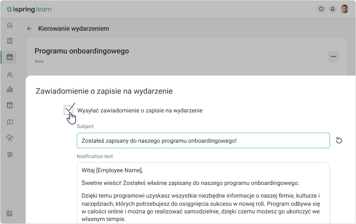 Powiadomienie o zapisie na szkolenie Retencja pracowników - powiadomienie w LMS