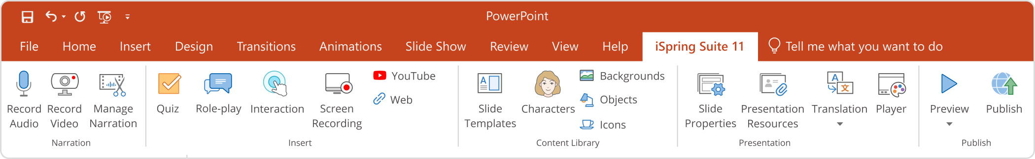 iSpring Suite pojawi się jako nowa karta na wstążce PowerPoint
